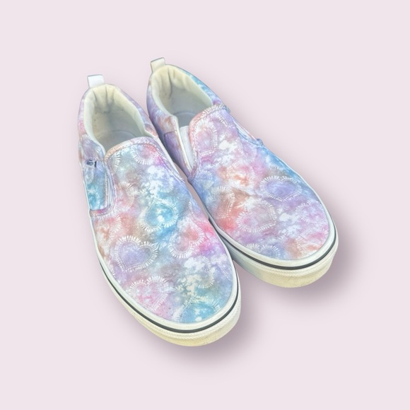 Vans Slip-On Sneakers 🌸 Tie-Dye Pastel Hearts • Size 6 Women’s 🩵🩷🩵🧡 - Picture 1 of 6